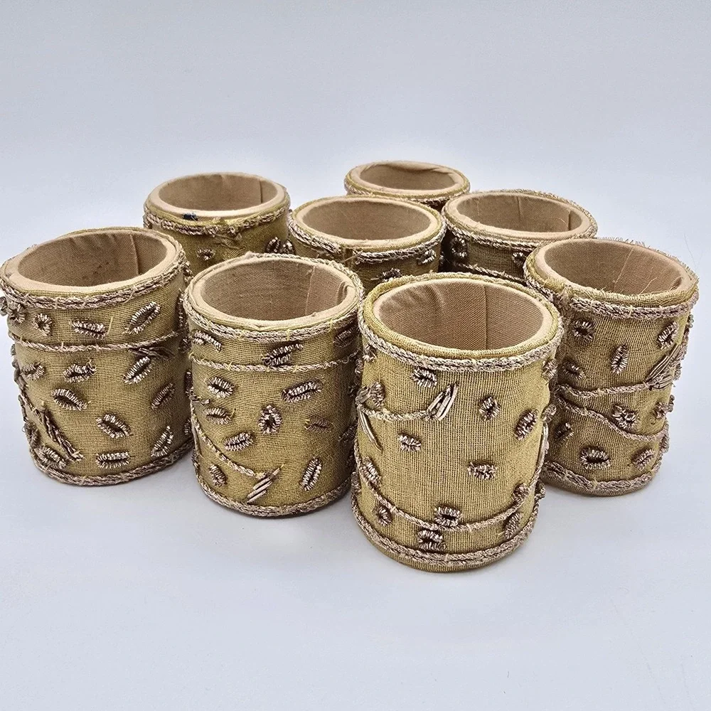 Set‎ (8) Vtg Round Napkin Rings Holders Gold-Tone Cloth Wrapped Bead Jewels